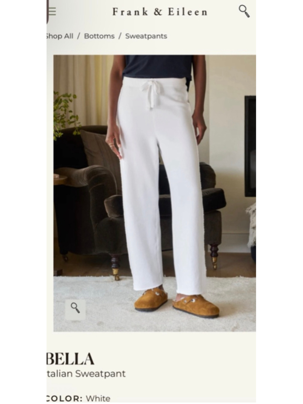 Frank & Eileen Bella Italian Wide Leg Sweatpants in White L New